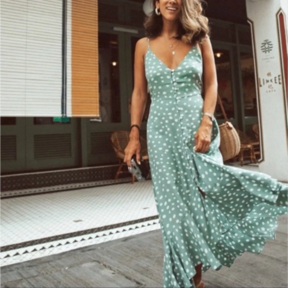 Boho Polka Dot Button up Cami Maxi Dress - Picture 1 of 7